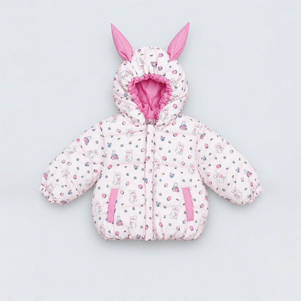 Little Surprise Box Pink Bunny Flower Quilted Hooded Winter Jacket for Kids