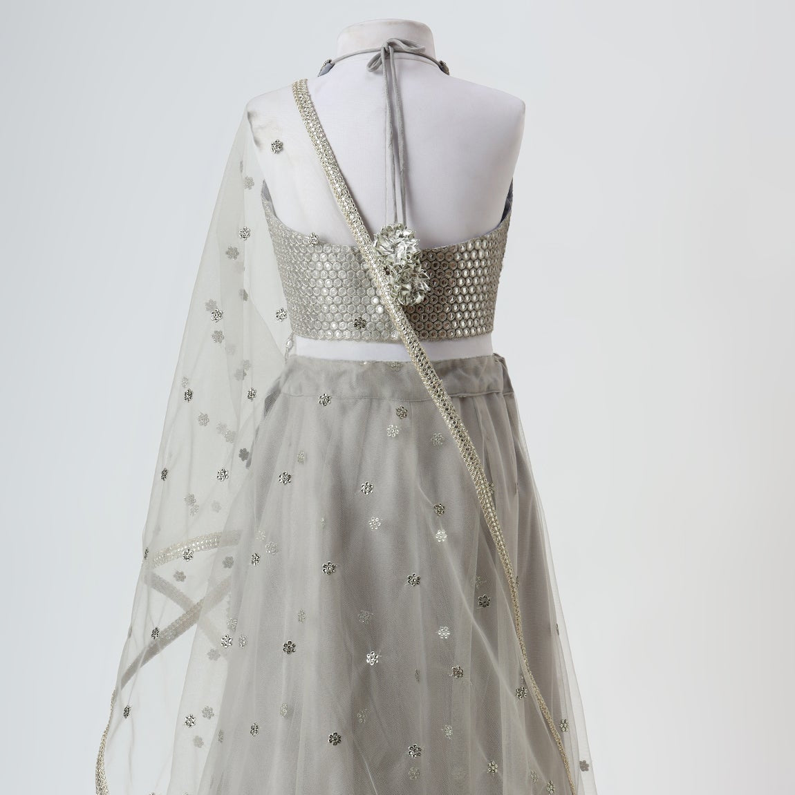 Silver Grey Mirror Embroidered Soft Net Lehenga Set - image 4
