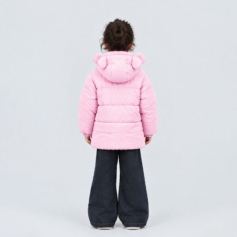 Little Surprise Box Pink Bunny Glitter Quilted Hooded Winter Jacket with Muffler for Kids