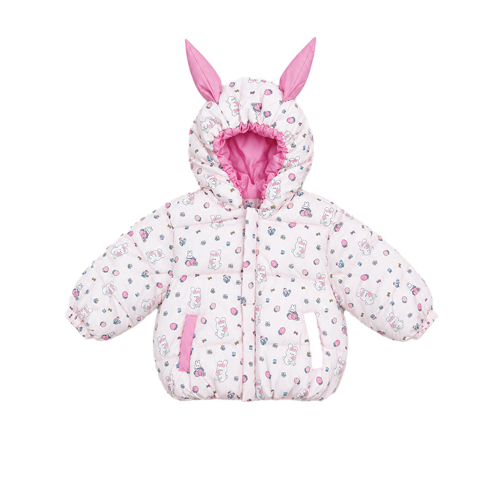 Little Surprise Box Pink Bunny Flower Quilted Hooded Winter Jacket for Kids