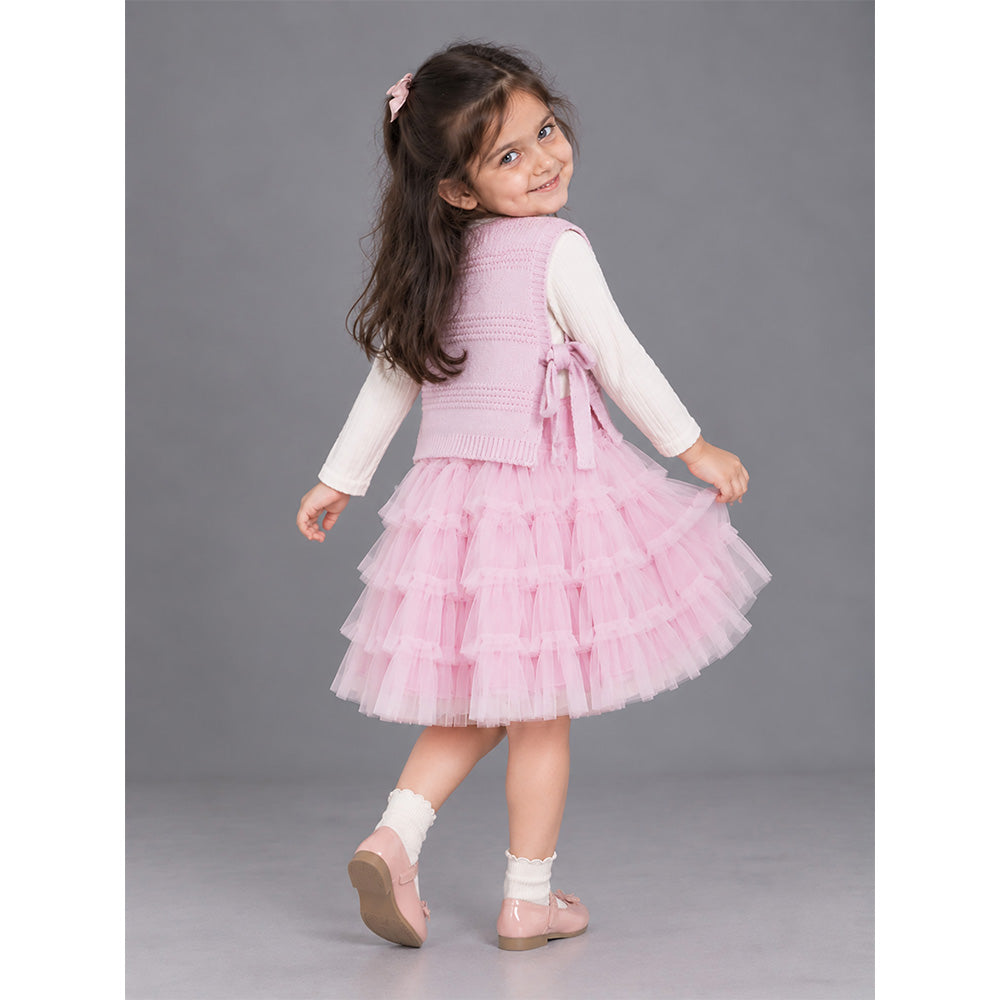 Little Surprise Box, Pink Kitty Knitted Vest & White-Pink Ruffle Frock Winterwear 2 Pcs Set for Girls