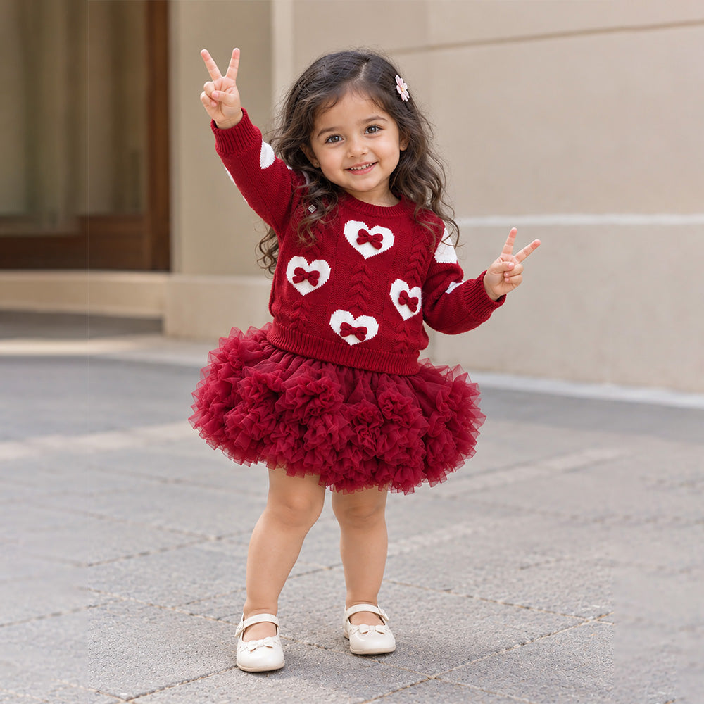 Little Surprise Box, Maroon Heart & Bow Sweater with Fluffy Ruffle Skirt, Winterwear, 2 Pcs Set for Girls