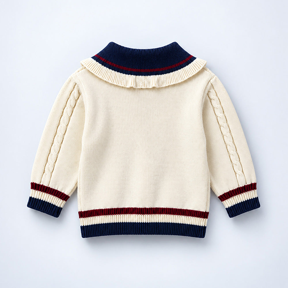 Little Surprise Box, Dusty Beige Cable-Knit Sailor Collar Winter Cardigan Sweater with Detachable Doll Clip for Girls