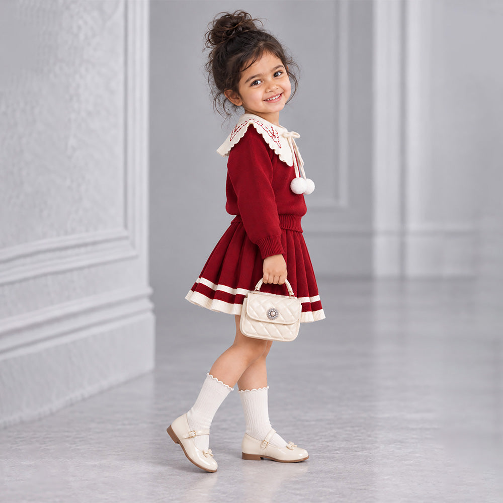 Little Surprise Box, Maroon Ruffle-Collar Sweater & Pleated Skirt with Bow Pom-Pom Clip, Winterwear 2 Pcs Set for Girls