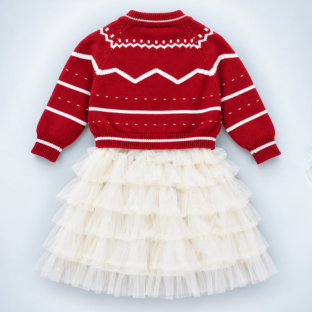 Little Surprise Box, Red Strawberry Cardigan & White-Ivory Ruffle Frock, Winterwear 2 Pcs Set for Girls
