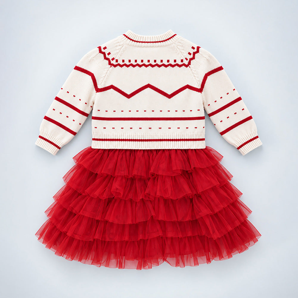 Little Surprise Box, White Strawberry Cardigan & White-Red Ruffle Frock, Winterwear 2 Pcs Set for Girls