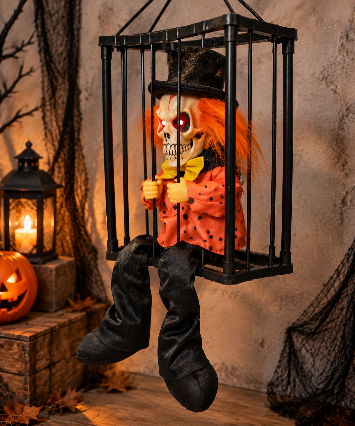 Animated Hanging Skeleton Cage – Evil Jester