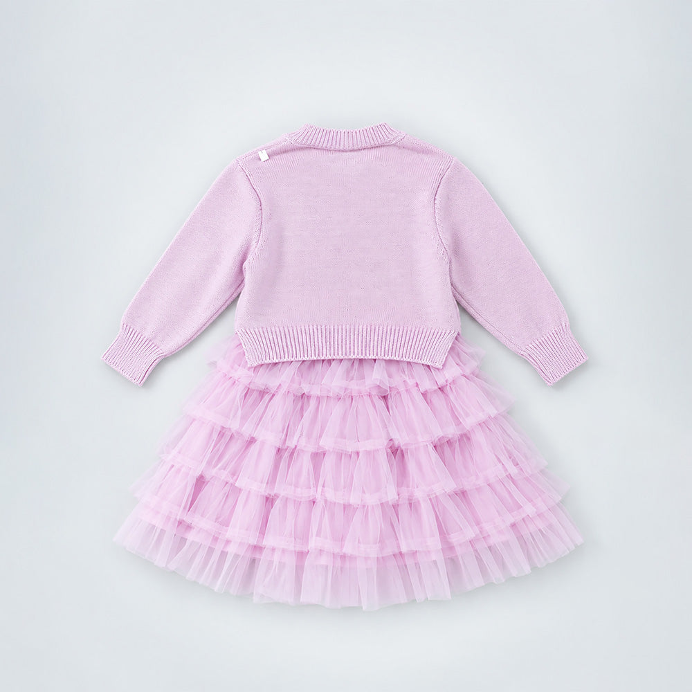 Little Surprise Box, Pink Pearl & Silver Bow Cardigan & White-Pink Ruffle Frock, Winterwear 2 Pcs Set for Girls