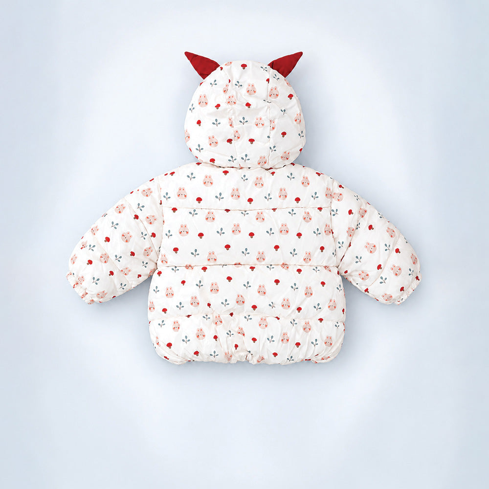 Little Surprise Box Cream & Brown Bunny Mushroom Quilted Hooded Winter Jacket for Kids