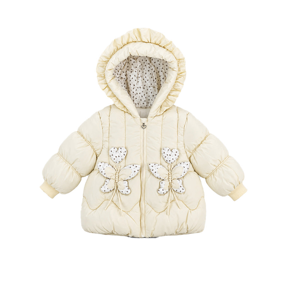 Little Surprise Box Pastel Yellow Butterfly Heart Quilted Hooded Winter Jacket for Kids