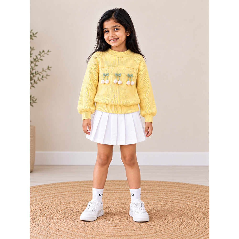 Little Surprise Box, Yellow Bow & Pom-Pom Knitted Winter Cardigan Sweater for Girls