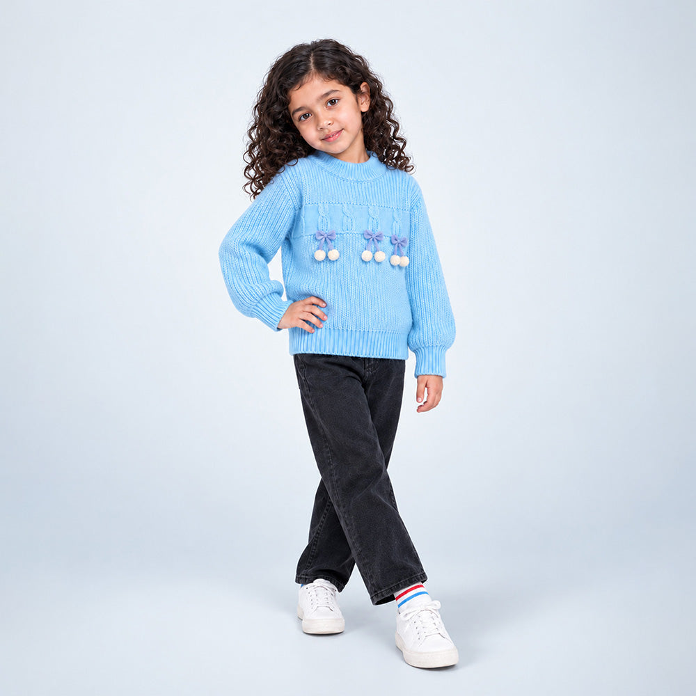 Little Surprise Box, Blue Bow & Pom-Pom Knitted Winter Cardigan Sweater for Girls