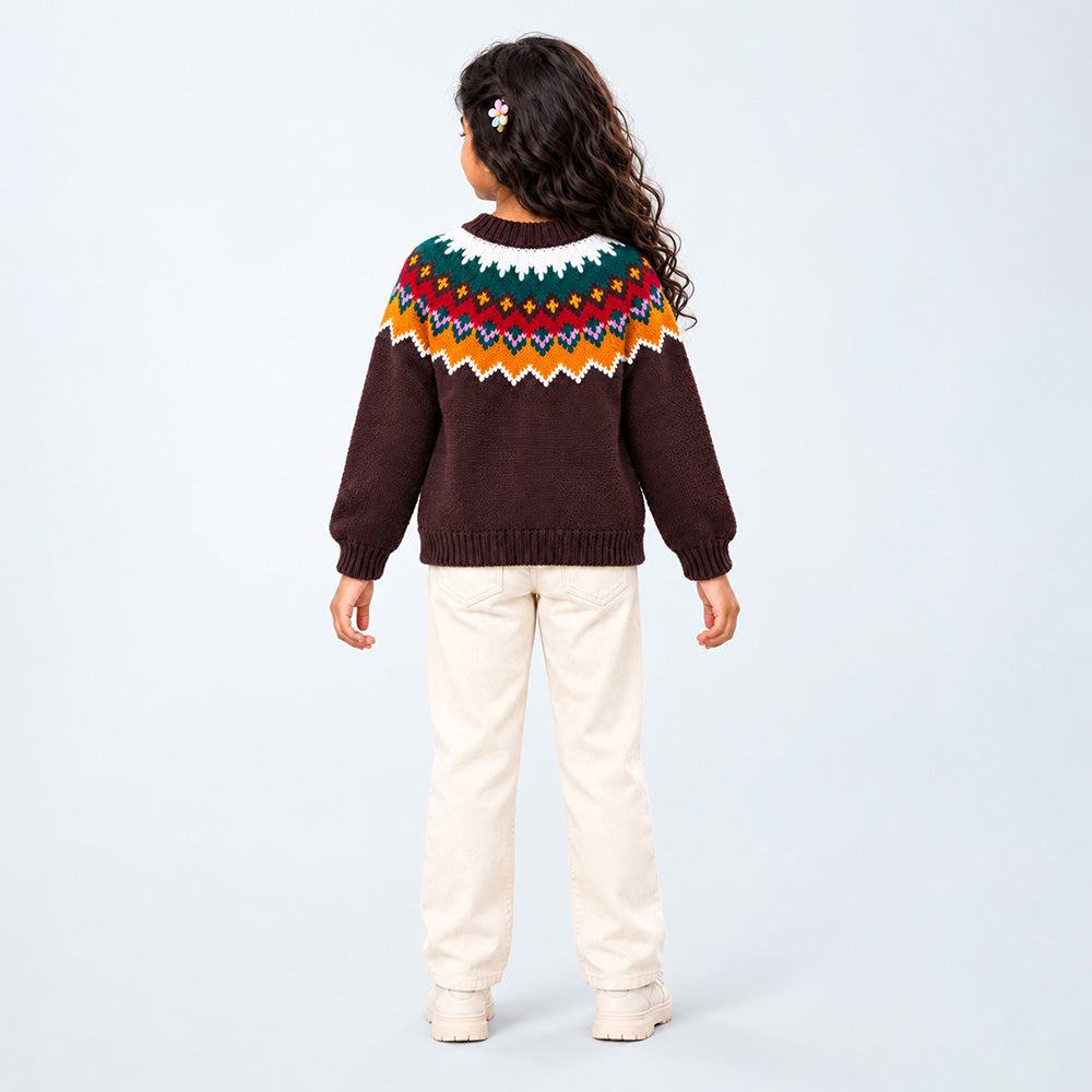 Little Surprise Box, Brown Multi Color Pompom Winter Cardigan Sweater for Kids