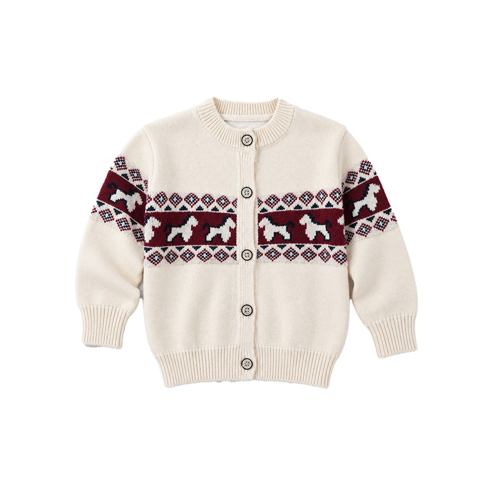 Little Surprise Box, Cream, Maroon & Navy Pattern Knitted Winter Cardigan, Christmas Sweater for Kids
