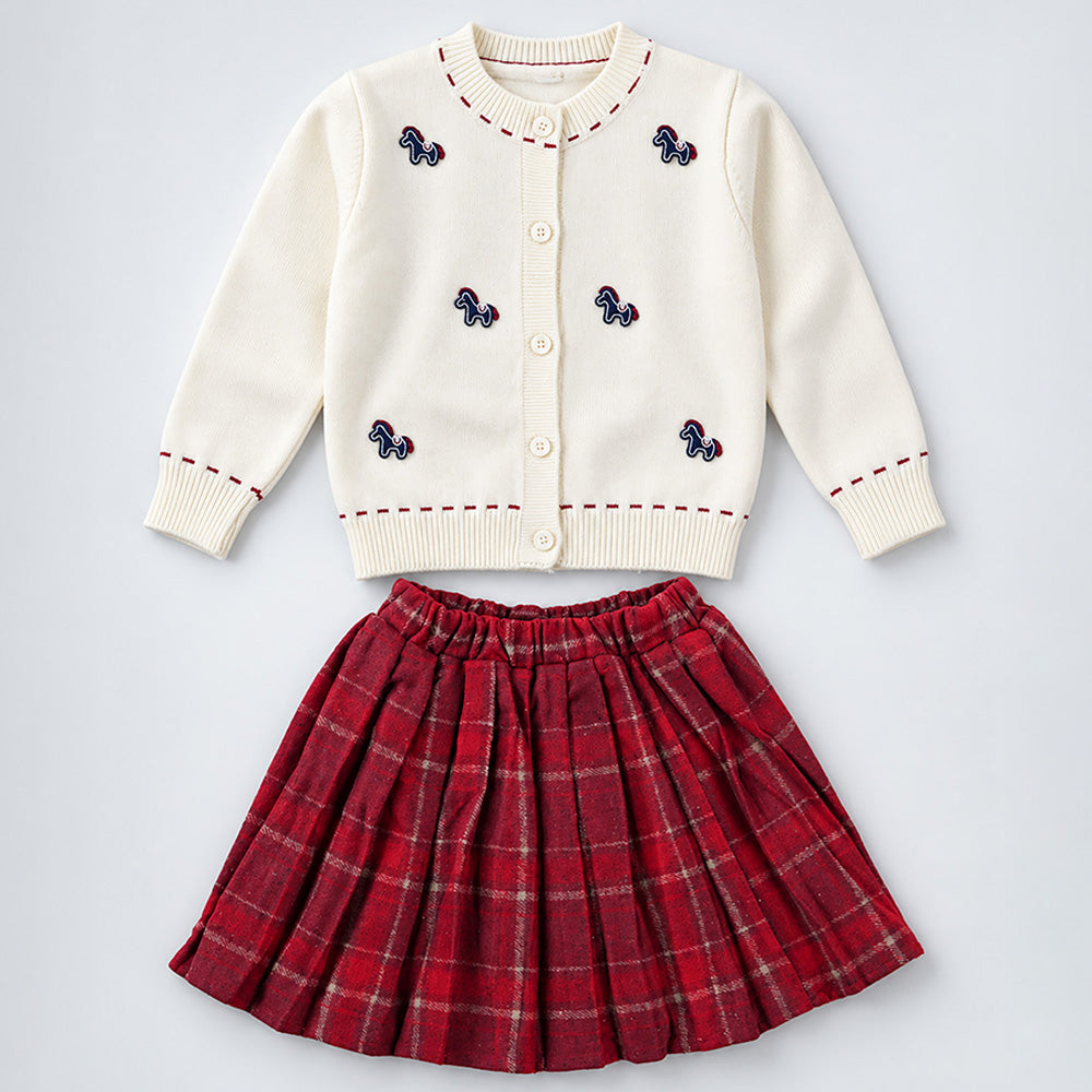 Little Surprise Box, Ivory Horse Cardigan & Maroon Checked Skirt, Winterwear, 2 Pcs Set for Girls