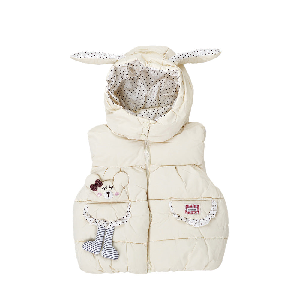 Little Surprise Box Yellow Polka Dots Cute Character-Themed Quilted Hooded Sleeveless Winter Jacket for Kids