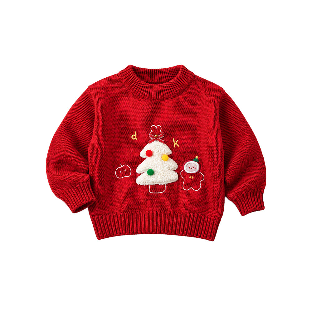 Little Surprise Box, Red Christmas Tree & Gingerbread Knitted Winter Cardigan, Christmas Sweater for Kids