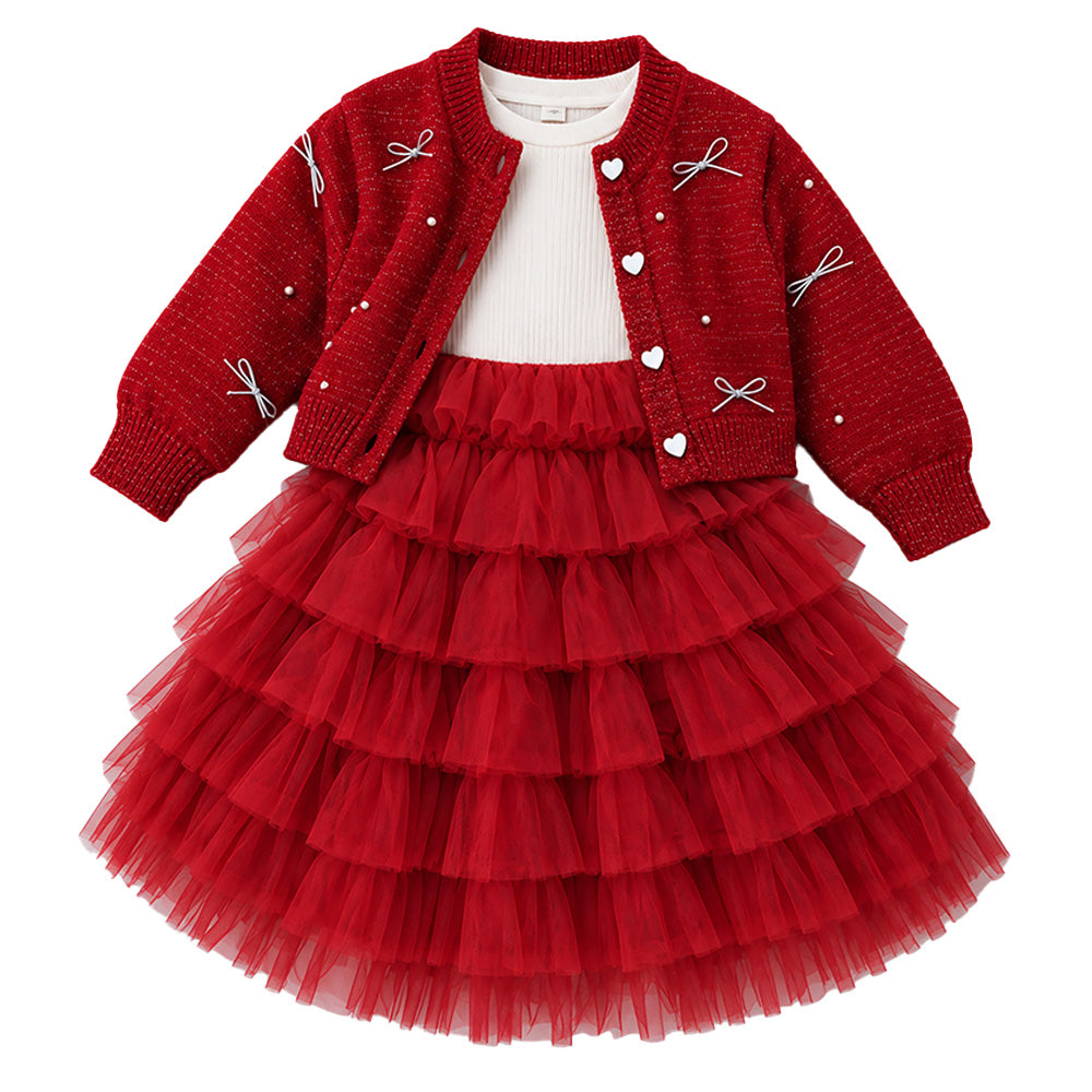 Little Surprise Box, Red Pearl & Silver Bow Cardigan & White-Red Ruffle Frock, Winterwear 2 Pcs Set for Girls