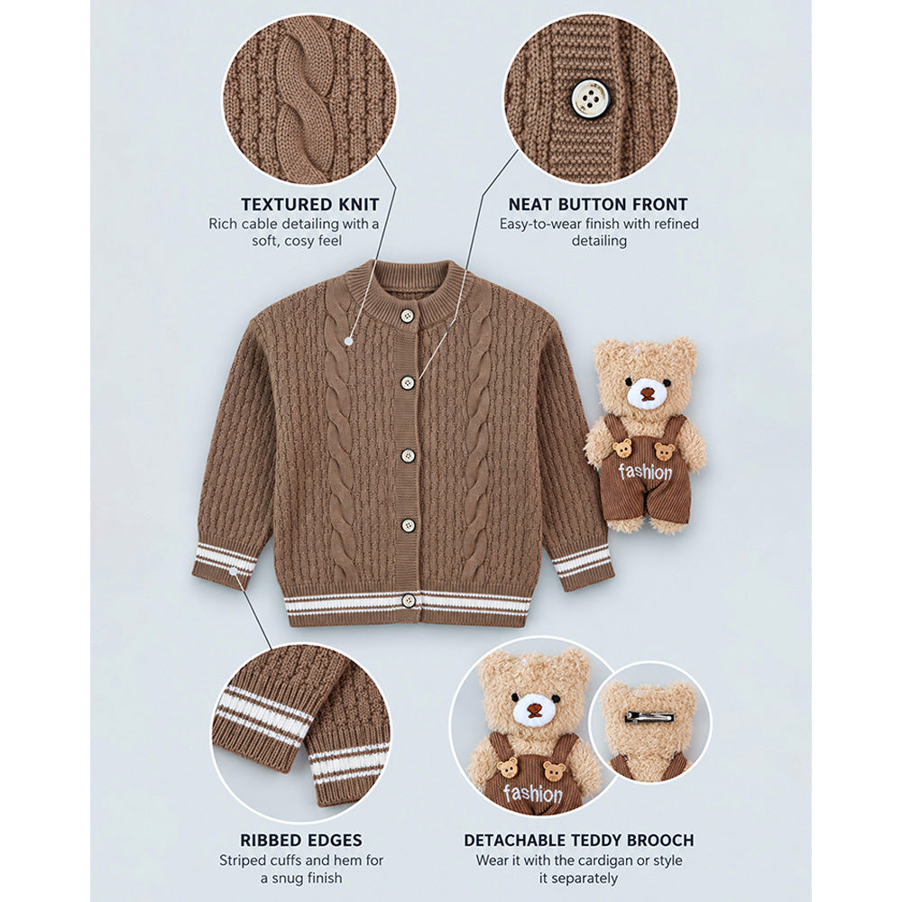 Little Surprise Box, Brown Cable-Knit Winter Cardigan Sweater with Detachable Teddy Clip for Kids