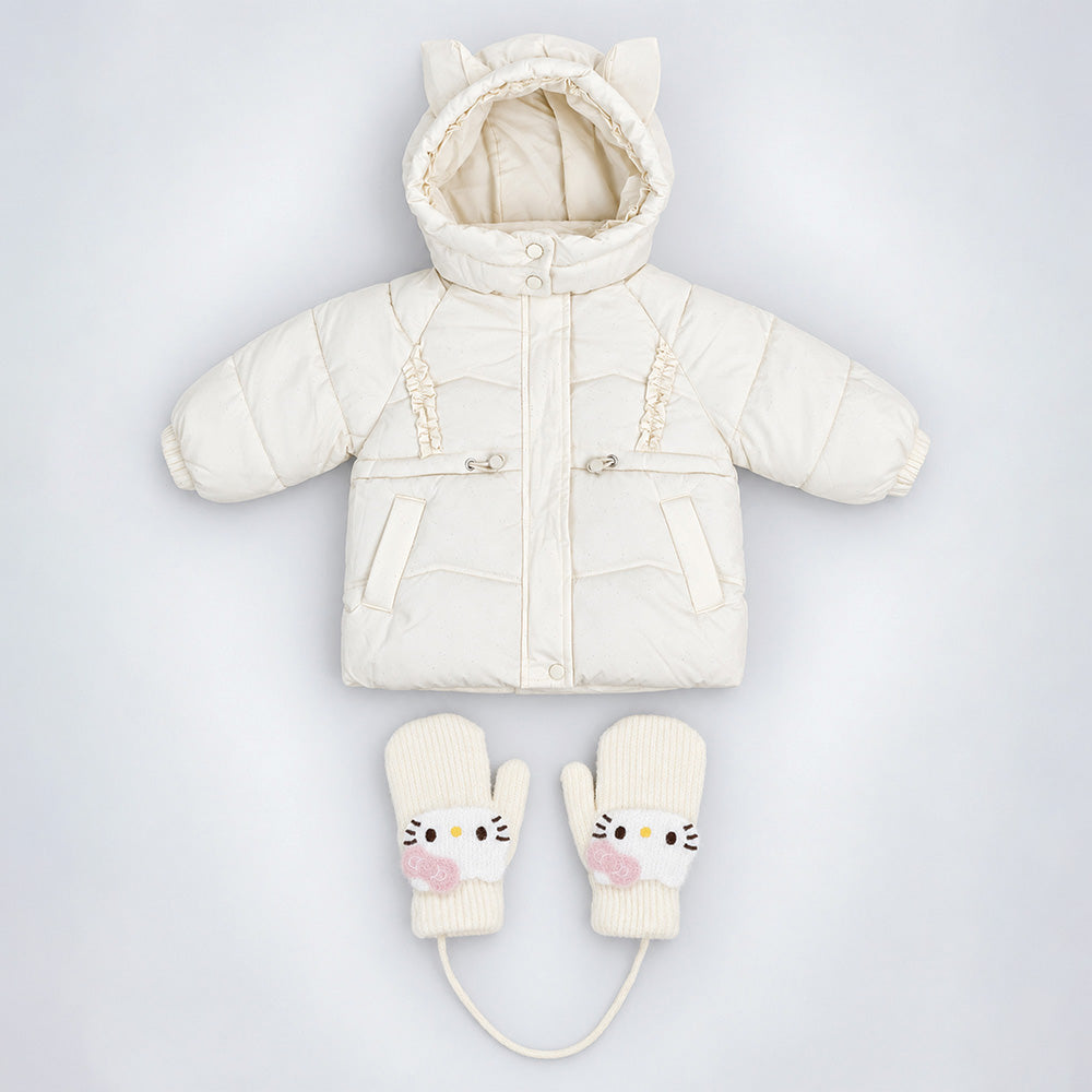 Little Surprise Box Ivory Cat Glitter Quilted Hooded Winter Jacket with Mittens for Kids