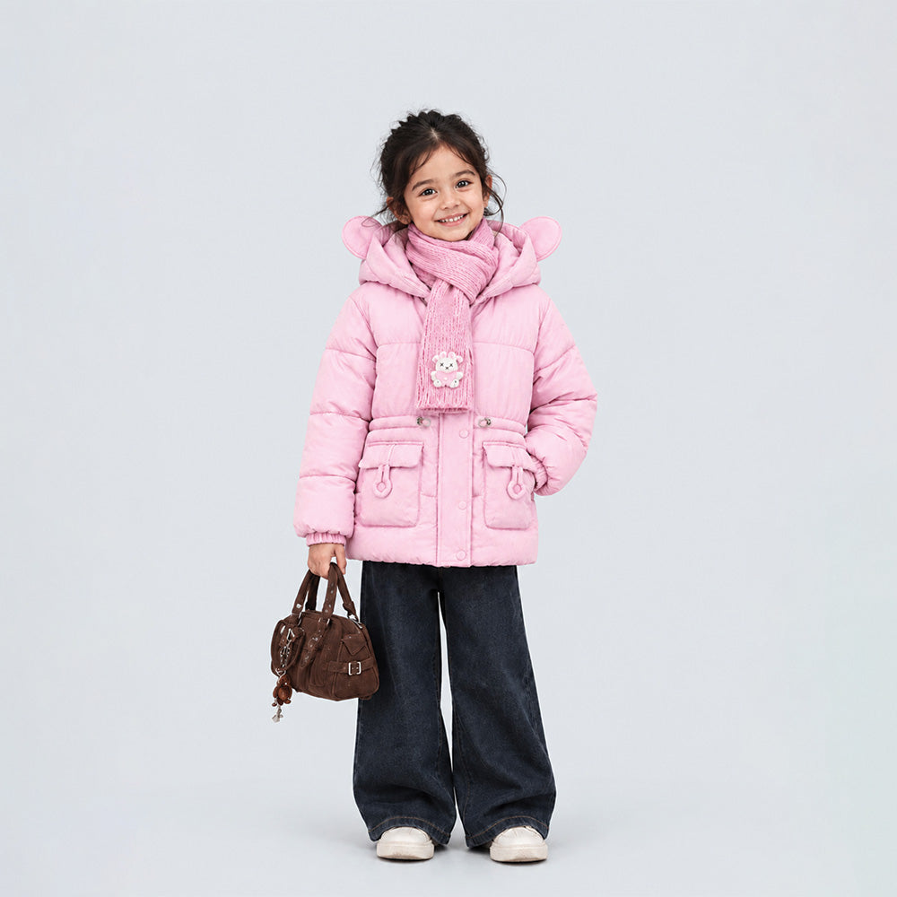 Little Surprise Box Pink Bunny Glitter Quilted Hooded Winter Jacket with Muffler for Kids