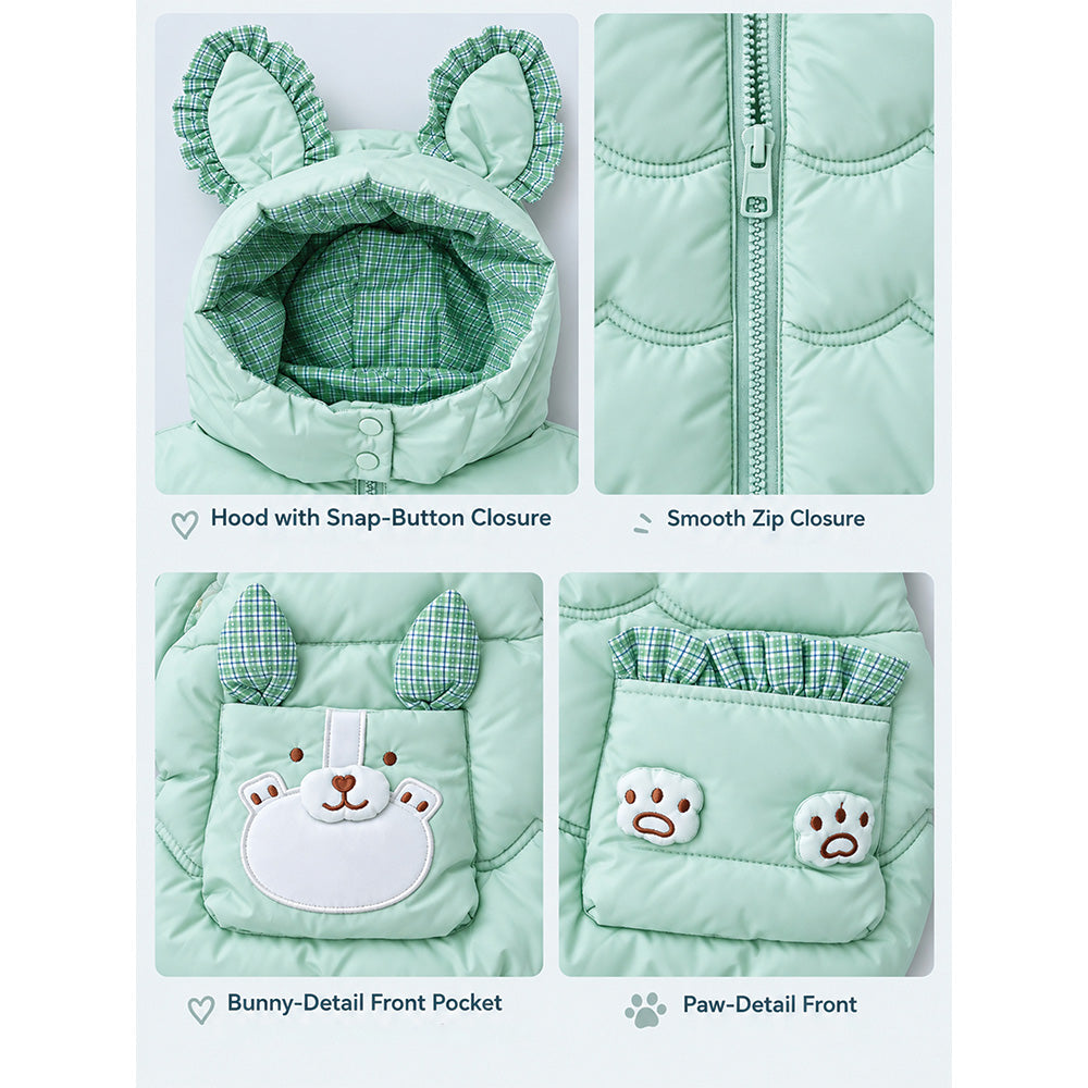 Little Surprise Box Green Bunny-Themed Quilted Hooded Sleeveless Winter Jacket for Kids