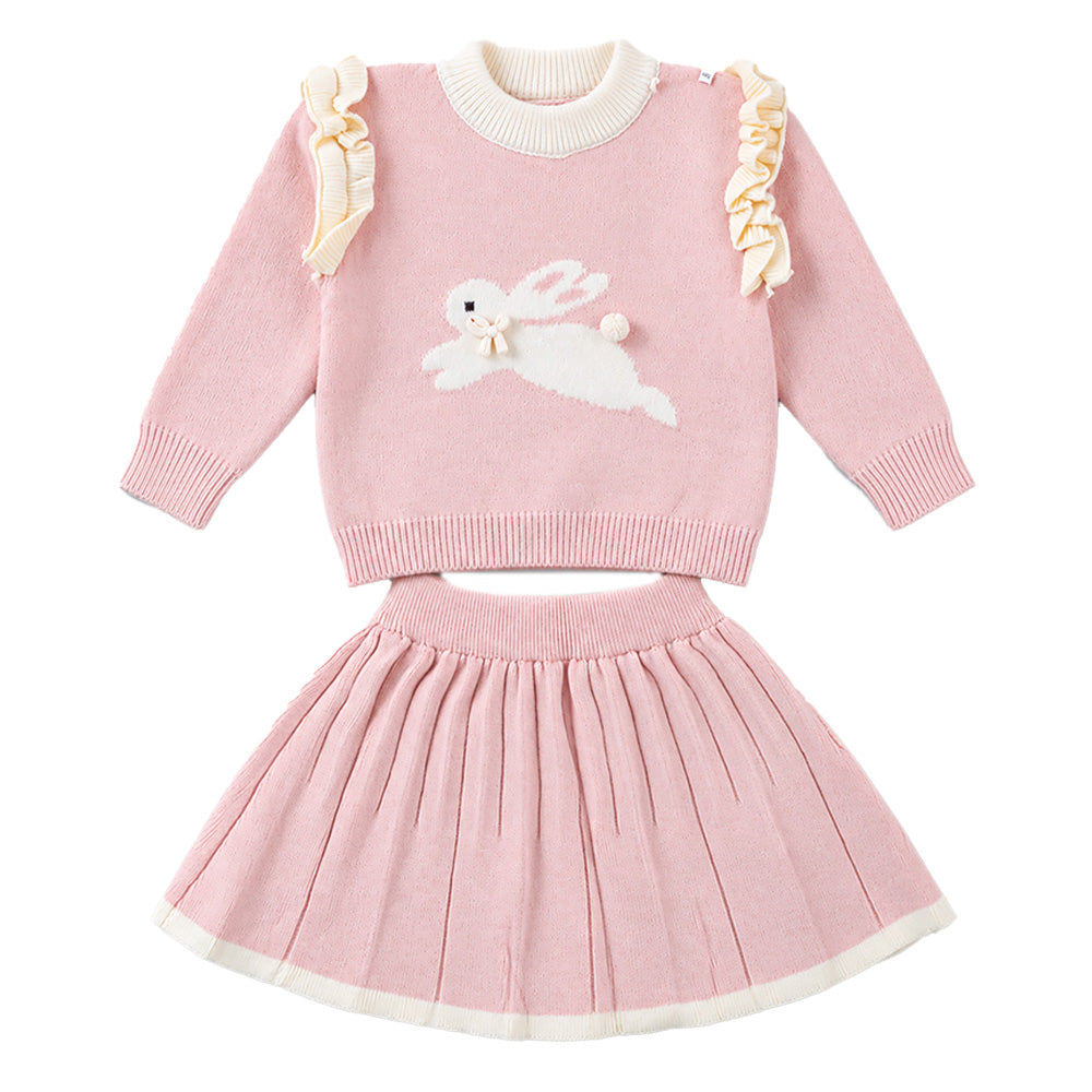 Little Surprise Box, Peach Bunny Sweater & Pleated Skirt, Winterwear 2 Pcs Set for Girls