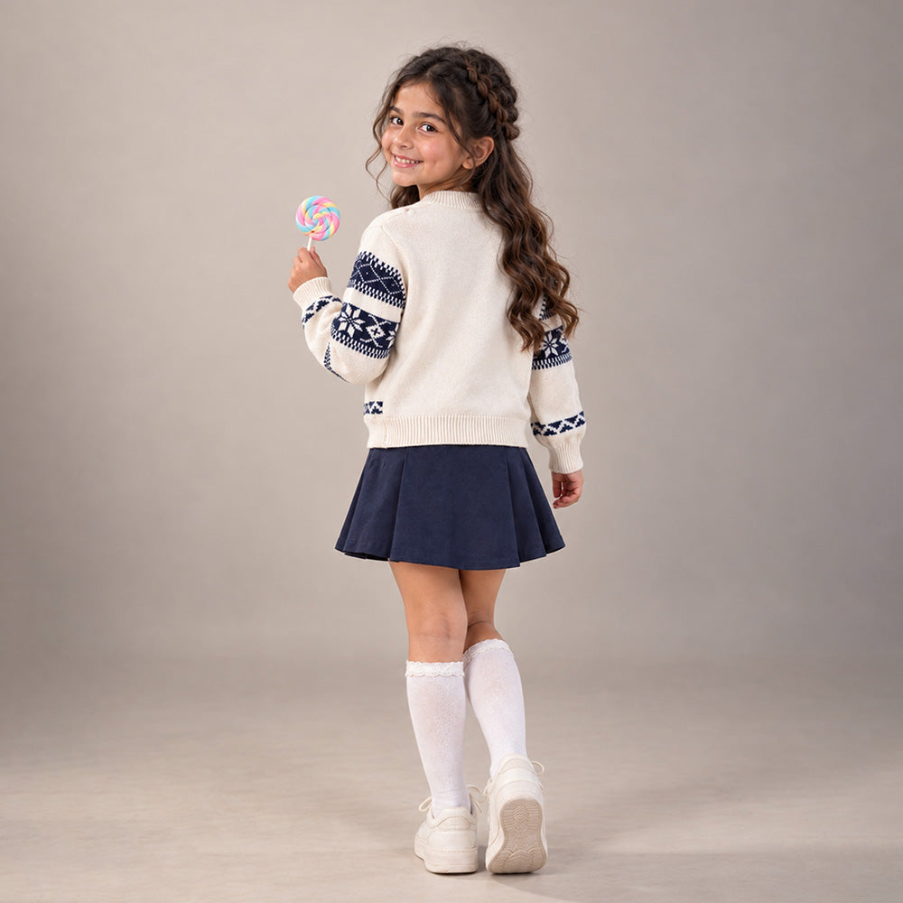 Little Surprise Box, Cream & Navy Blue Nordic Pattern Winter Cardigan Sweater for Kids
