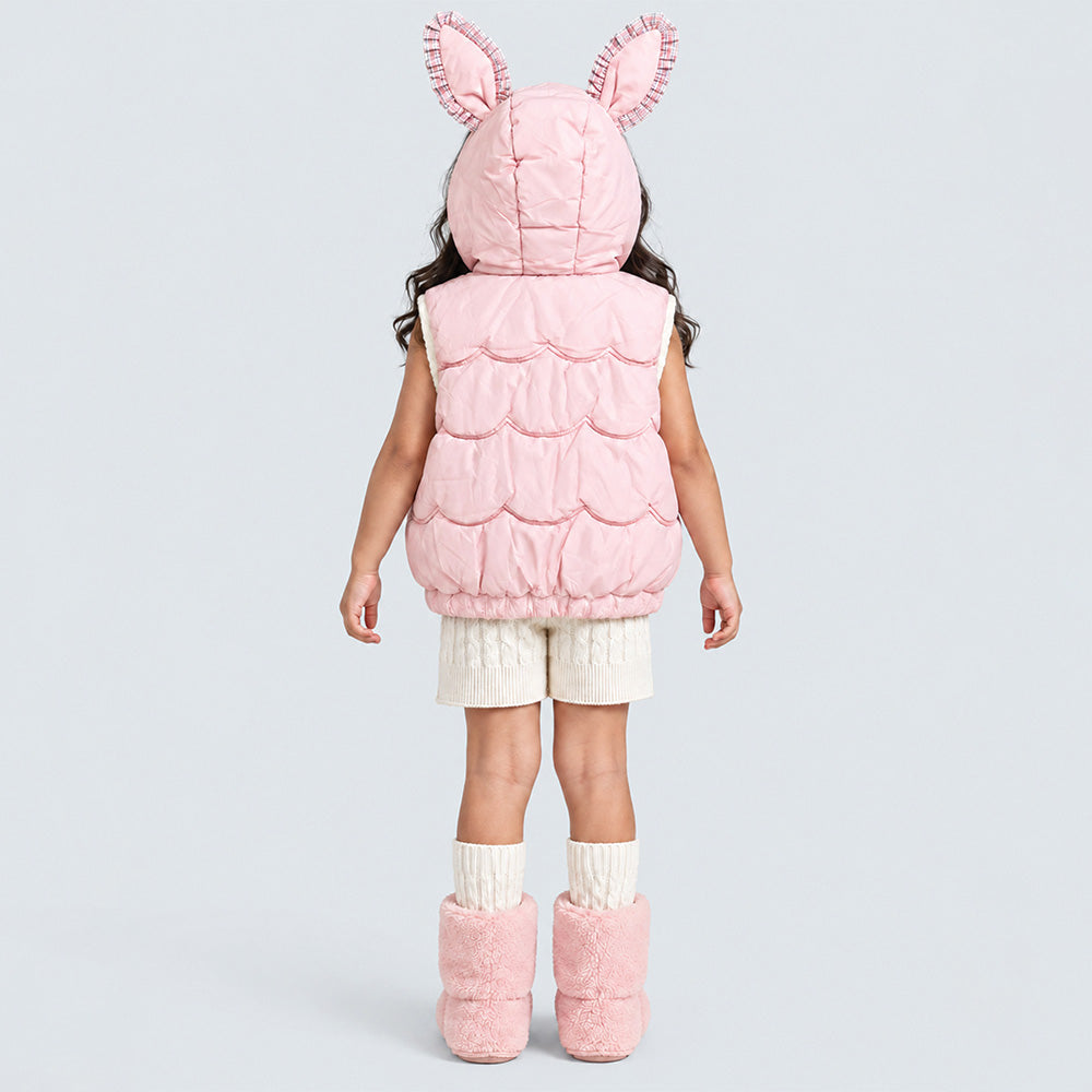 Little Surprise Box Peach Bunny-Themed Quilted Hooded Sleeveless Winter Jacket for Kids
