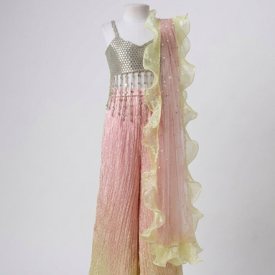 Ombre Mirror Embroidered Choli Palazzo & Dupatta Set
