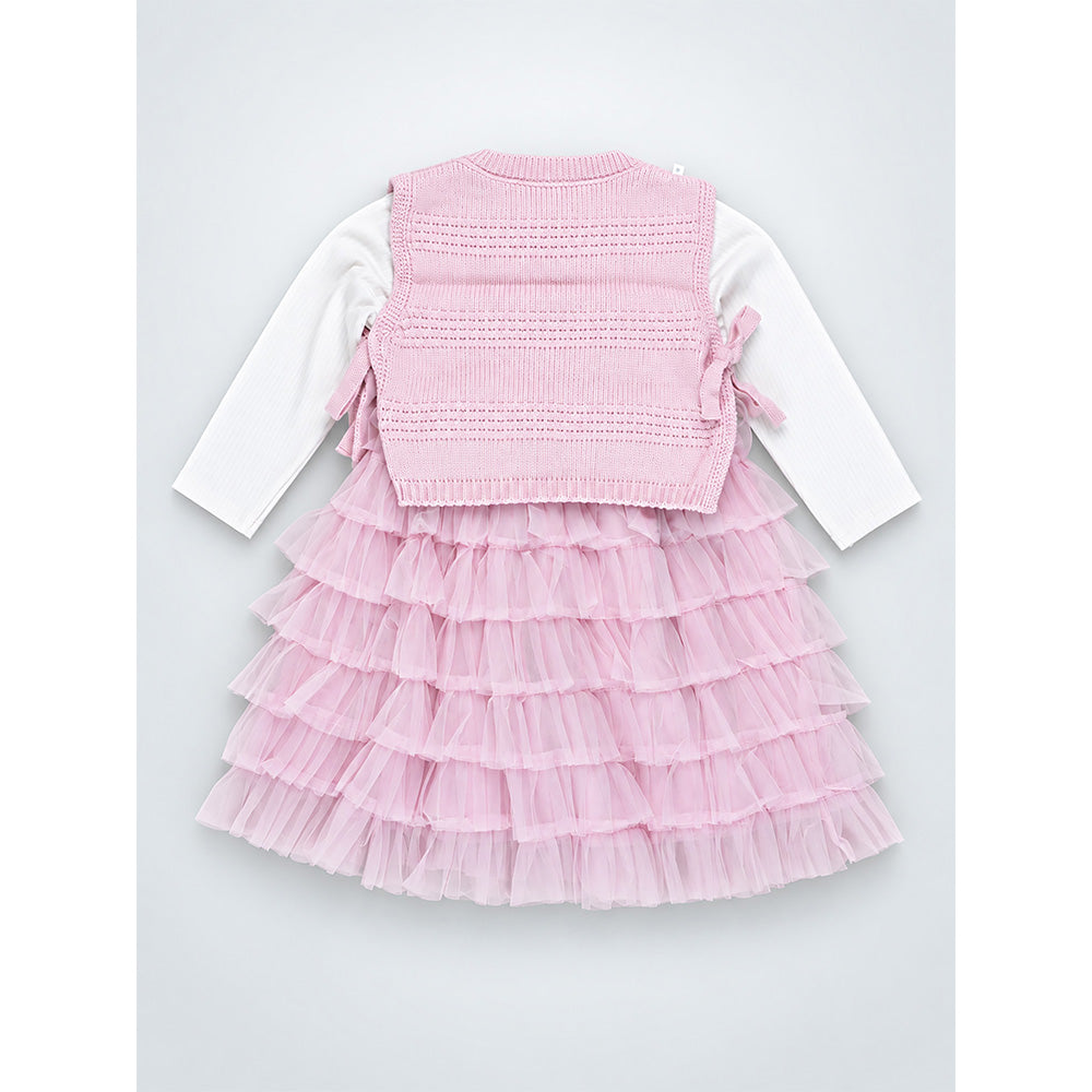 Little Surprise Box, Pink Kitty Knitted Vest & White-Pink Ruffle Frock Winterwear 2 Pcs Set for Girls