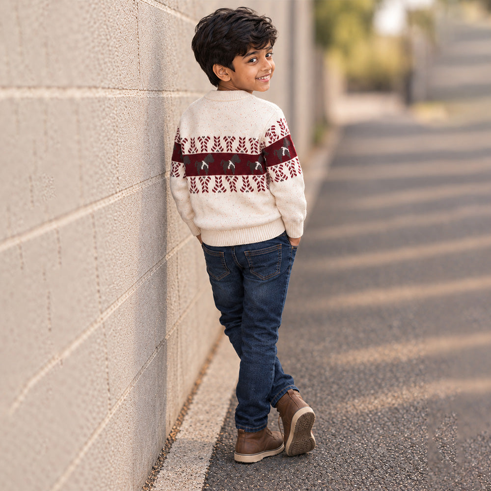 Little Surprise Box, Cream Horse Pattern Knitted Winter Cardigan, Christmas Sweater for Kids