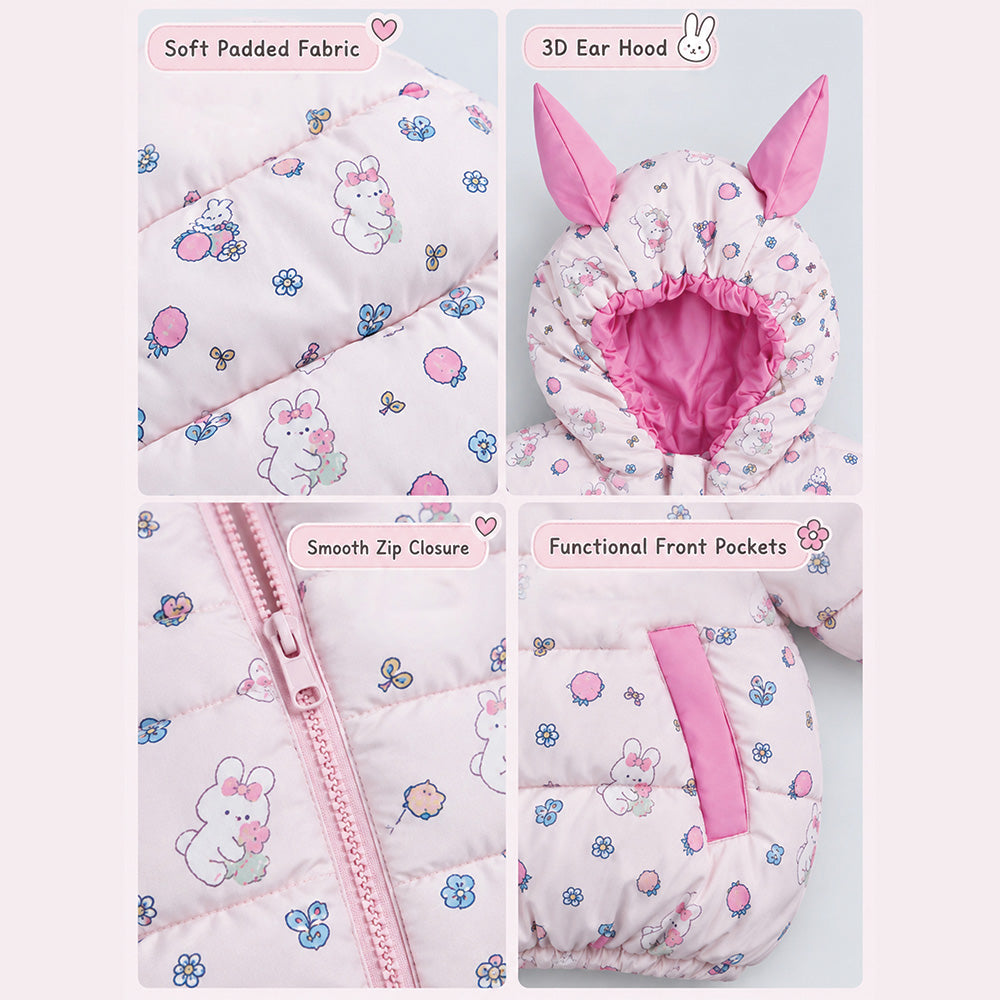 Little Surprise Box Pink Bunny Flower Quilted Hooded Winter Jacket for Kids