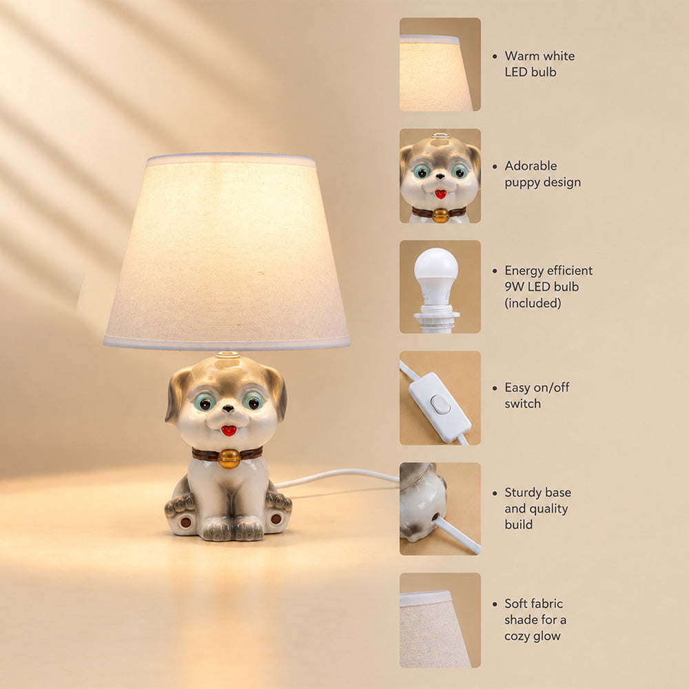 Little Surprise Box, Brown ceramic Dog side Bed Table Lamp, Kids Room Decor