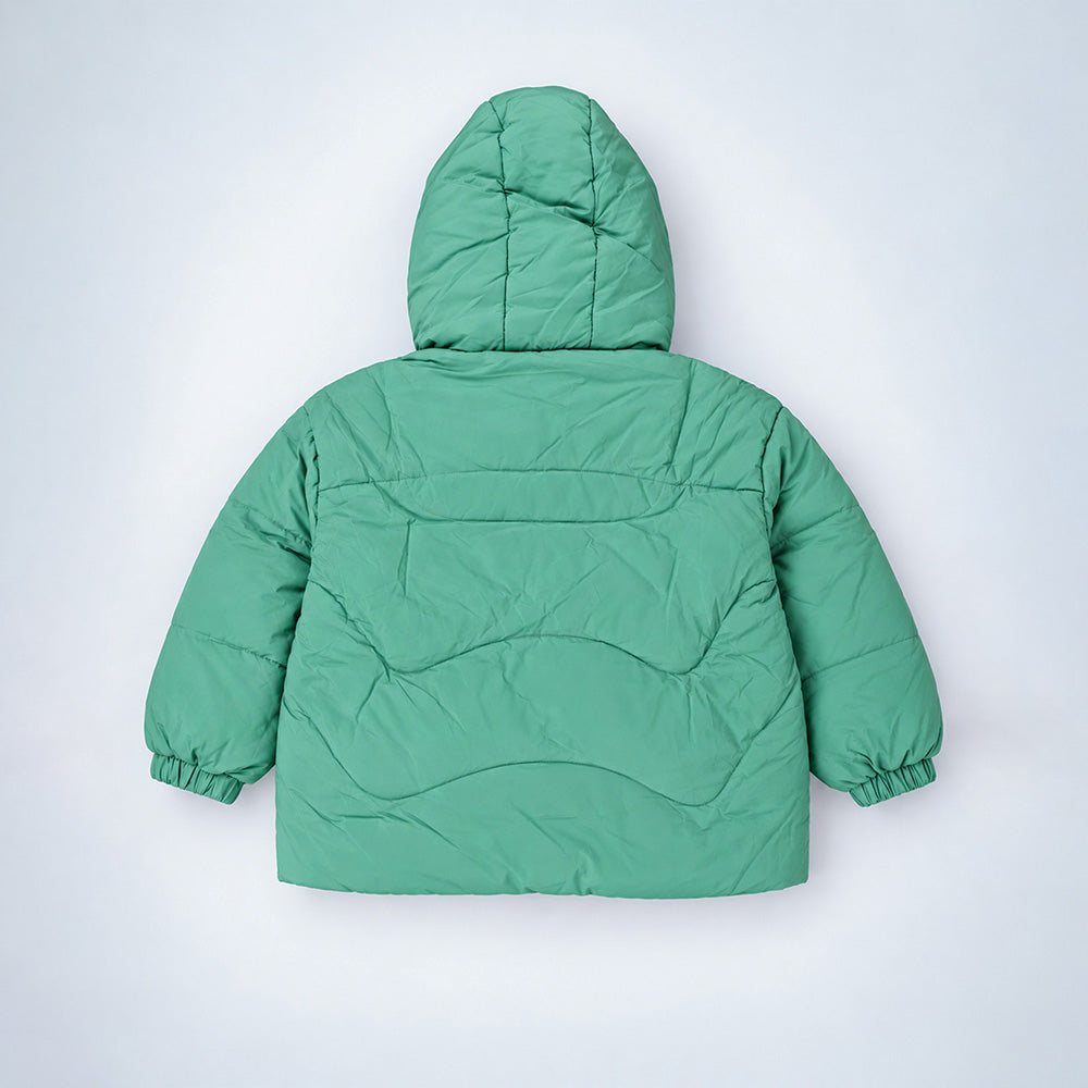 Little Surprise Box Mint Green Dino-Themed Quilted Hooded Winter Jacket for Kids