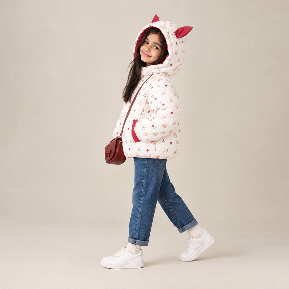 Little Surprise Box Cream & Brown Bunny Mushroom Quilted Hooded Winter Jacket for Kids