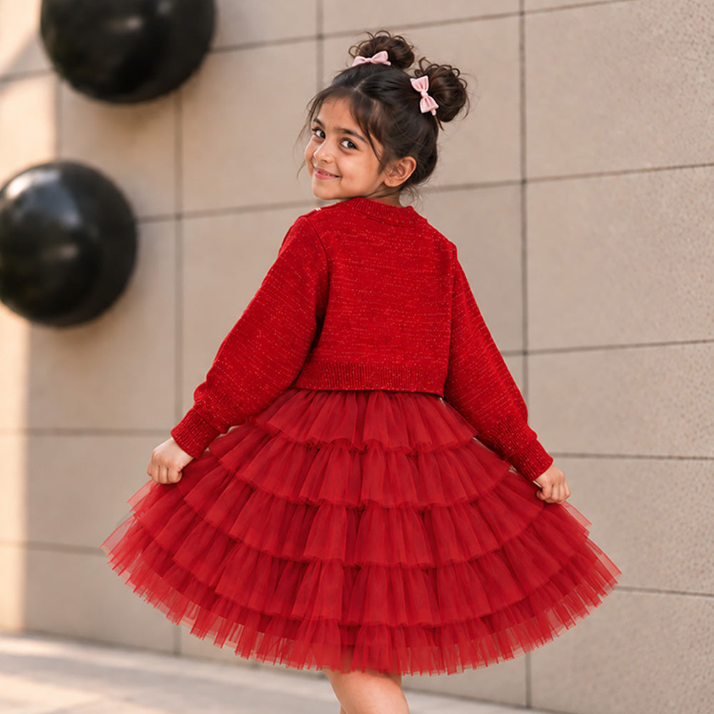 Little Surprise Box, Red Pearl & Silver Bow Cardigan & White-Red Ruffle Frock, Winterwear 2 Pcs Set for Girls