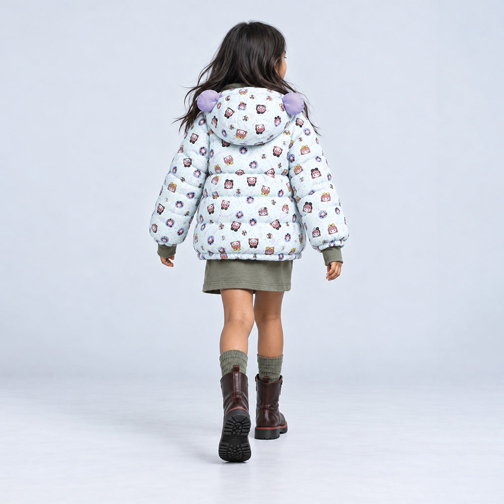Little Surprise Box Cream & Purple Happy Girl Quilted Hooded Winter Jacket for Kids