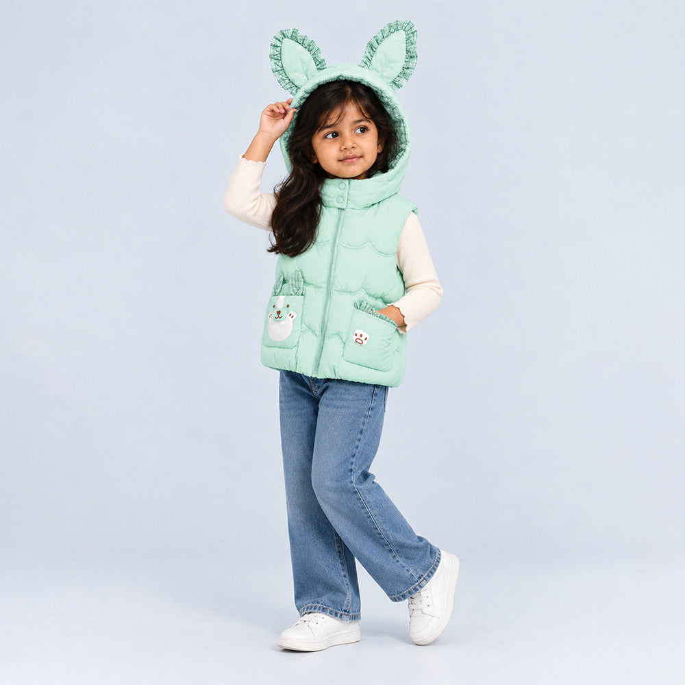 Little Surprise Box Green Bunny-Themed Quilted Hooded Sleeveless Winter Jacket for Kids