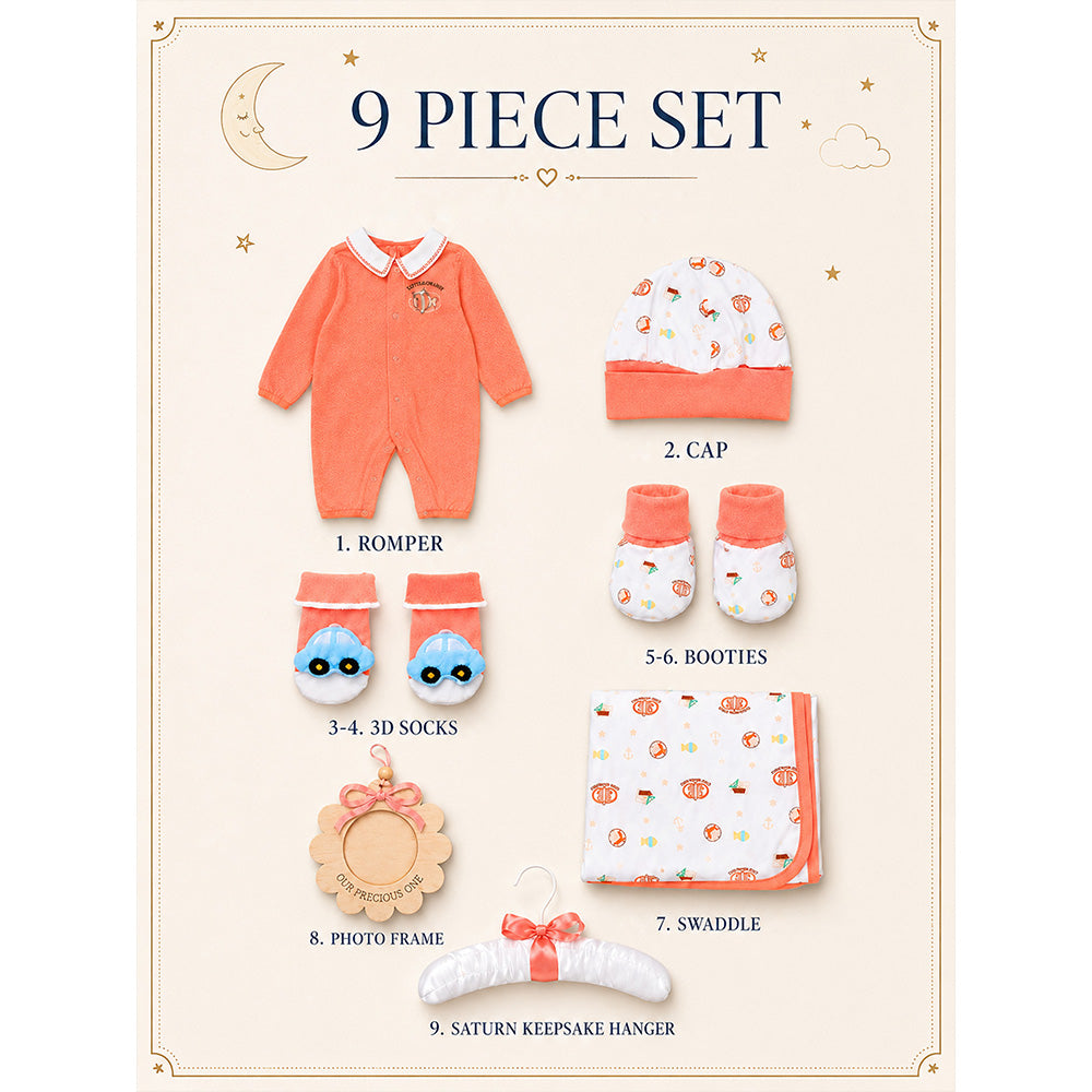 Little Surprise Box 9 Pcs Newborn Baby All Season Wear Net Gift Hamper Set - 0-6M - Peach Fishy - image 3