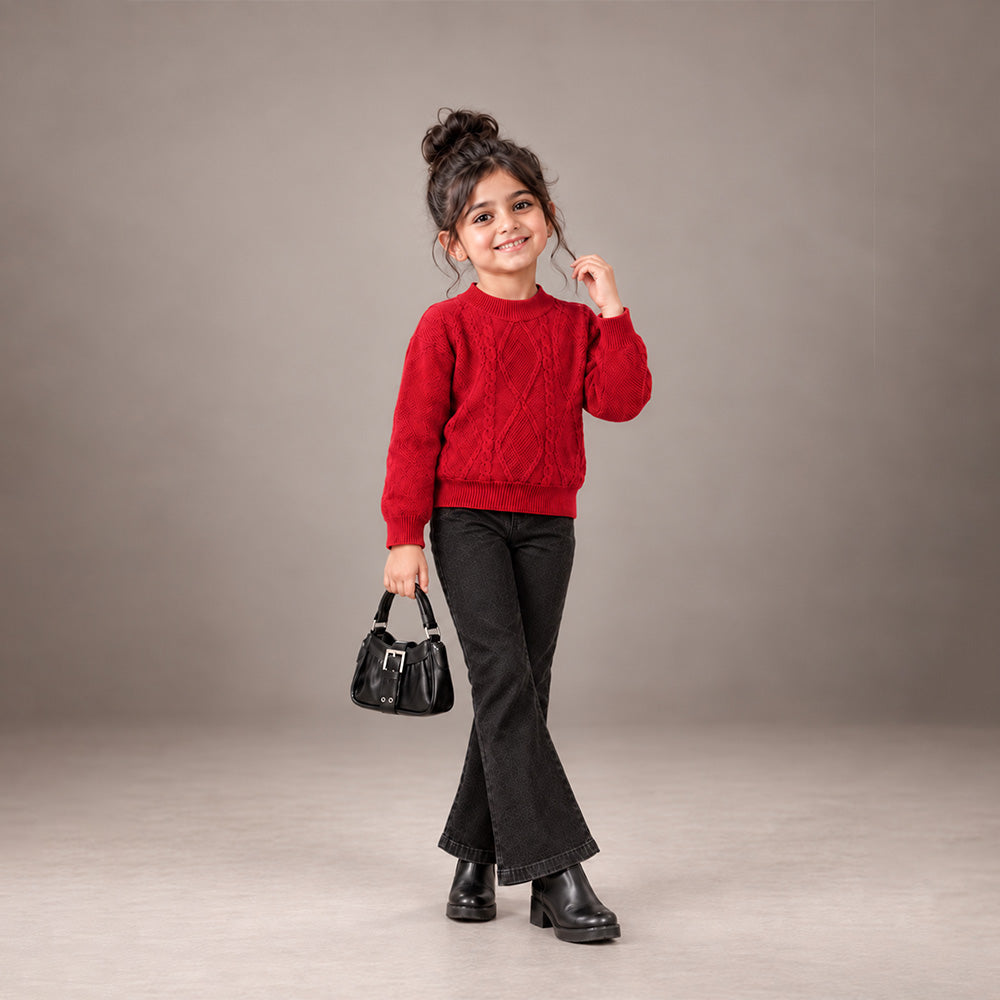 Little Surprise Box, Maroon Cable-Knit Winter Cardigan, Christmas Sweater for Kids