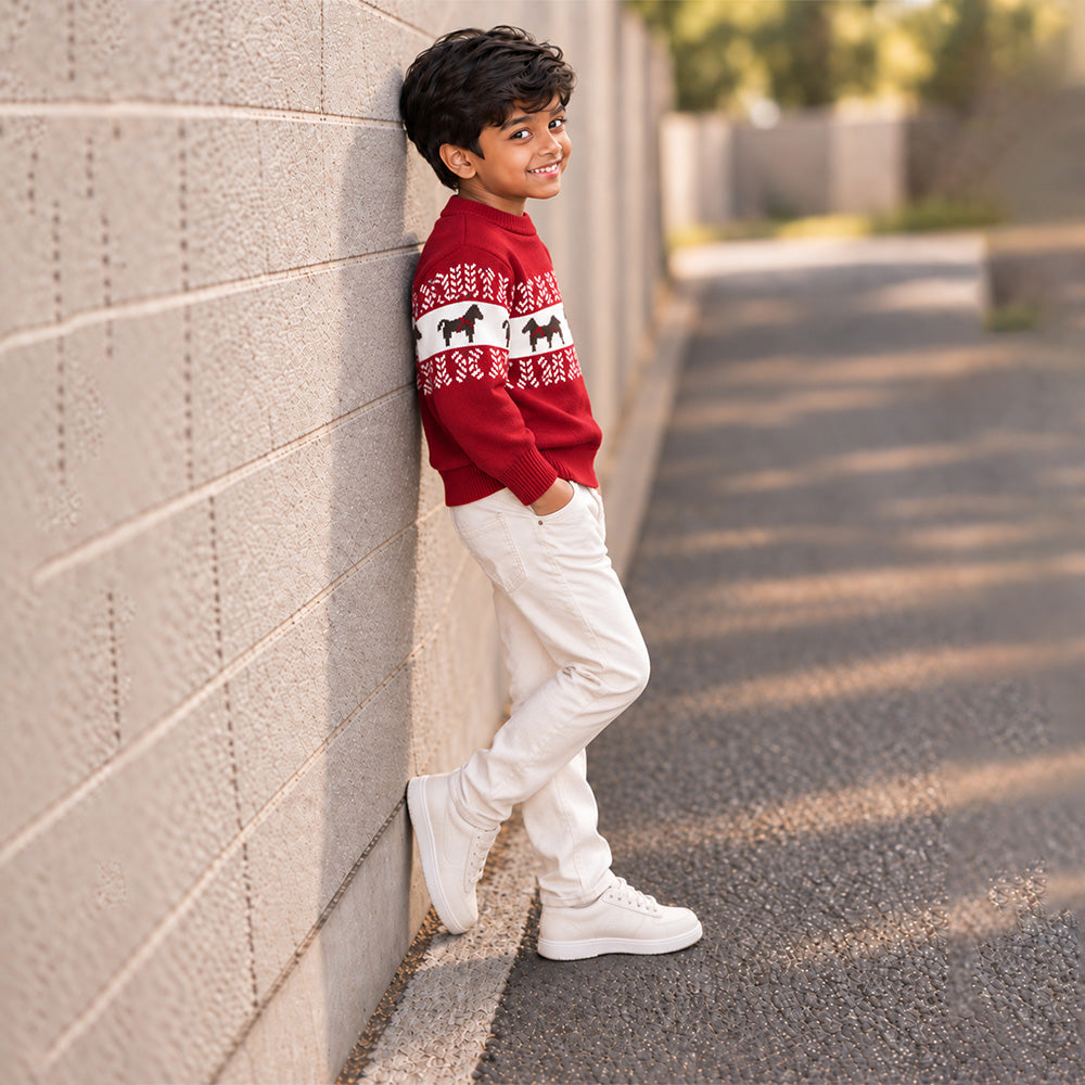 Little Surprise Box, Red Horse Pattern Knitted Winter Cardigan, Christmas Sweater for Kids