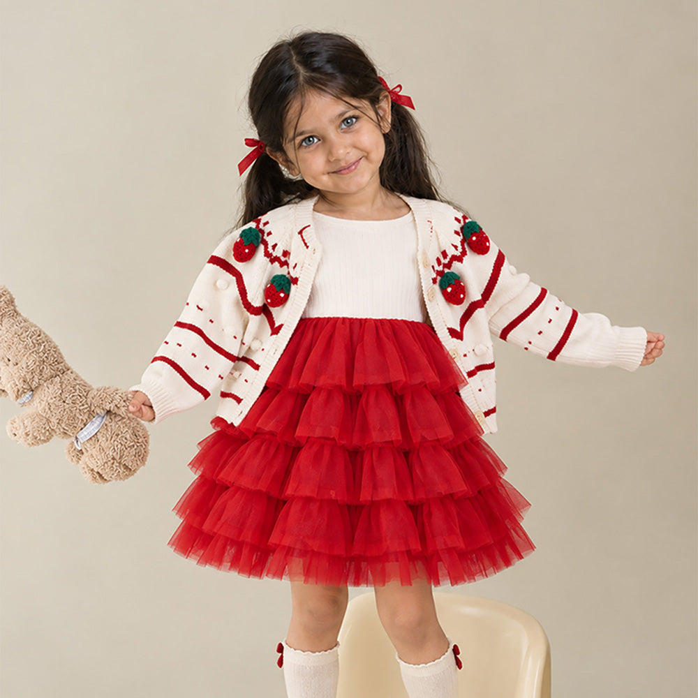 Little Surprise Box, White Strawberry Cardigan & White-Red Ruffle Frock, Winterwear 2 Pcs Set for Girls