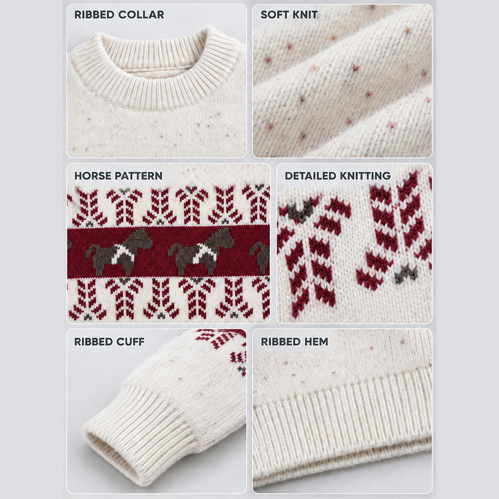 Little Surprise Box, Cream Horse Pattern Knitted Winter Cardigan, Christmas Sweater for Kids