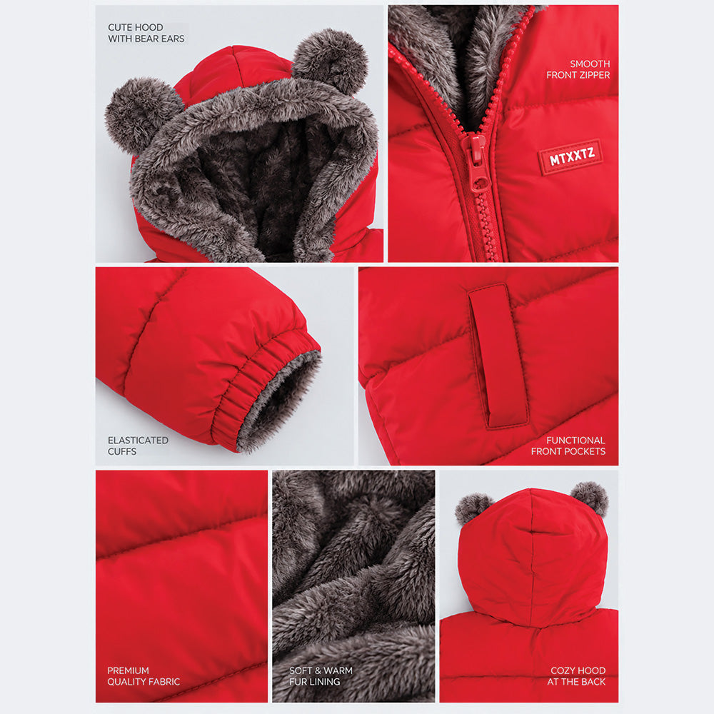 Little Surprise Box Red Bear-Ear Faux-Fur Hooded Quilted Winter Jacket for Kids