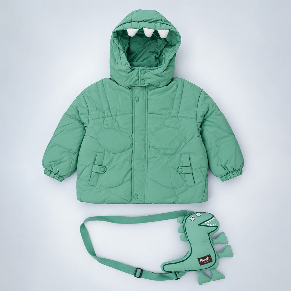 Little Surprise Box Mint Green Dino-Themed Quilted Hooded Winter Jacket for Kids