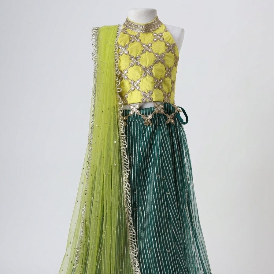 Yellow & Green Organza Mirrorwork Lehenga Set - MMR13 - image 1
