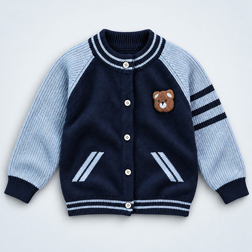 Little Surprise Box, Navy Blue & Grey Bear Varsity-Style Winter Cardigan Sweater for Kids