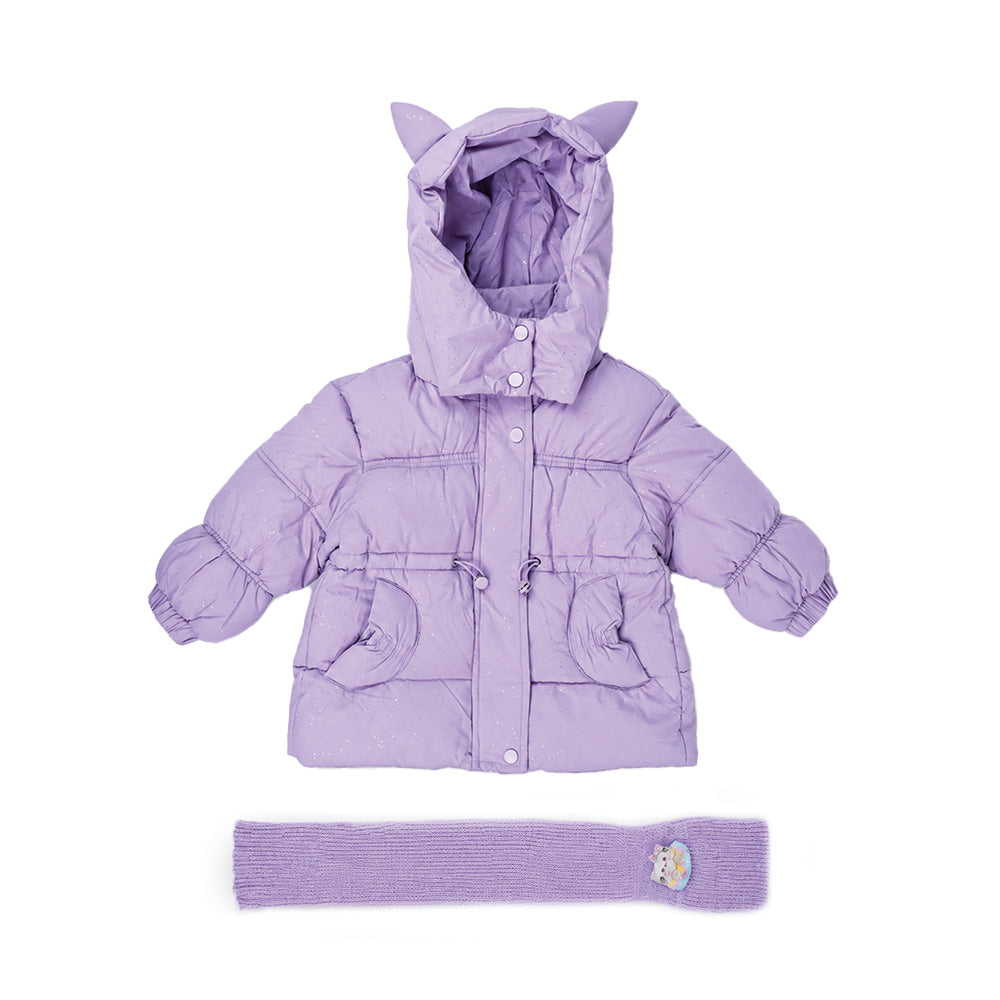 Little Surprise Box Purple Cat Glitter Quilted Hooded Winter Jacket with Muffler for Kids