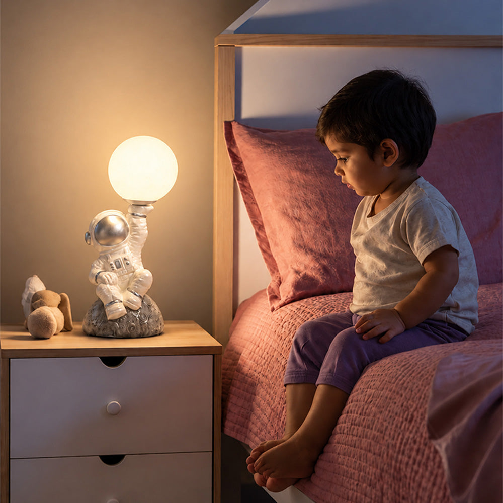 Little Surprise Box, Golden Astronaut Holding Moon, side Bed Table Lamp, Kids Room Decor